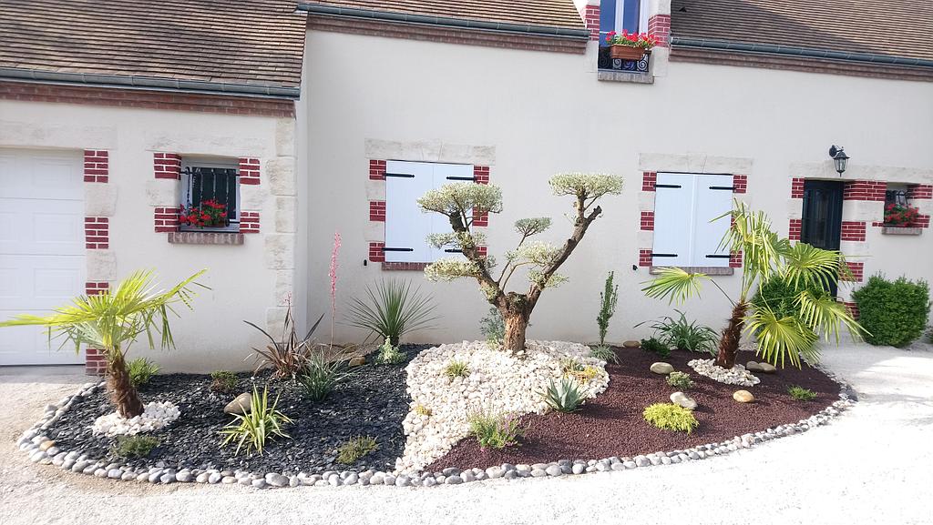 Parterre jardin bonzaï et galets multicolores