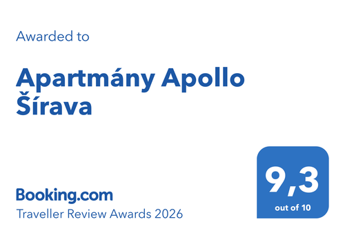Ocenenie Booking.com Traveller Review Awards 2026 pre Apartmány Apollo Šírava – hodnotenie hostí 9,3 z 10