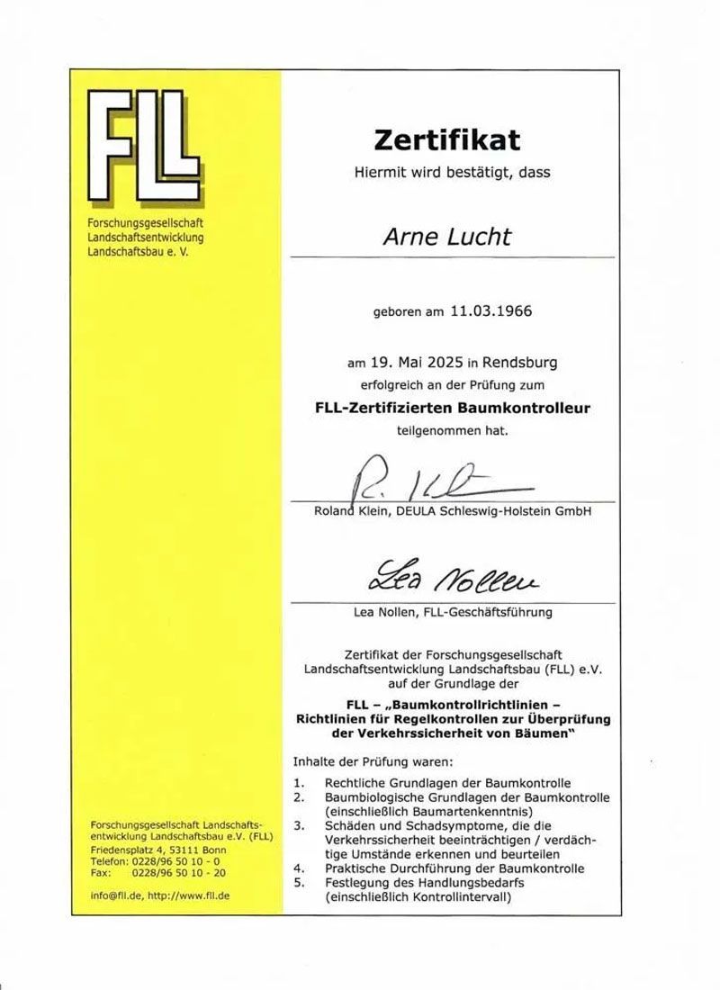 Deutsche Urkunde mit gelbem FL-Seitenstreifen und Unterschriften, betitelt 