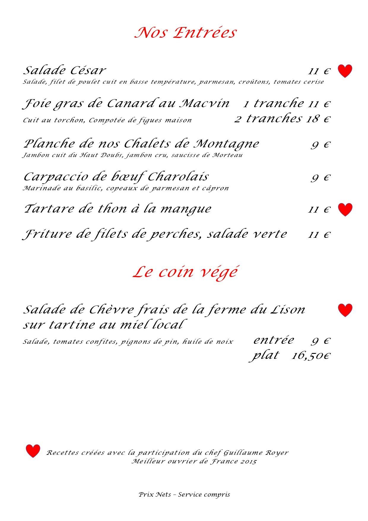 Carte de restaurant - entrée et coin végétarien