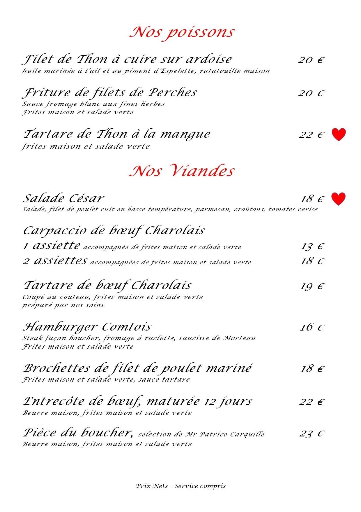 Carte de restaurant - viande et poisson