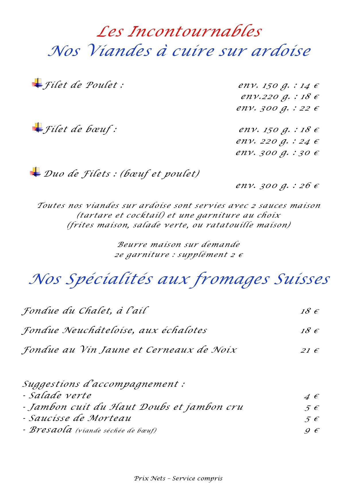 Carte de restaurant - viande et fromage