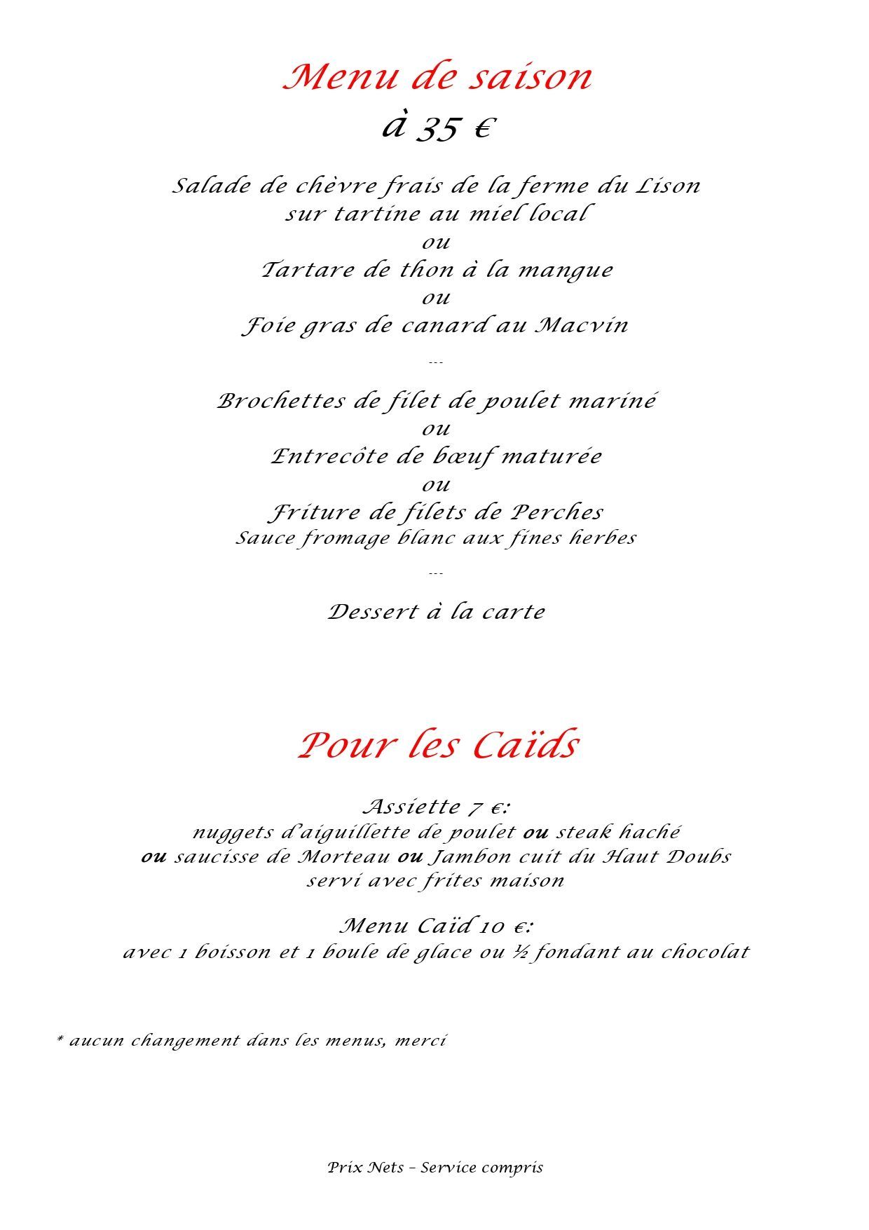 Carte de restaurant - menus d'été