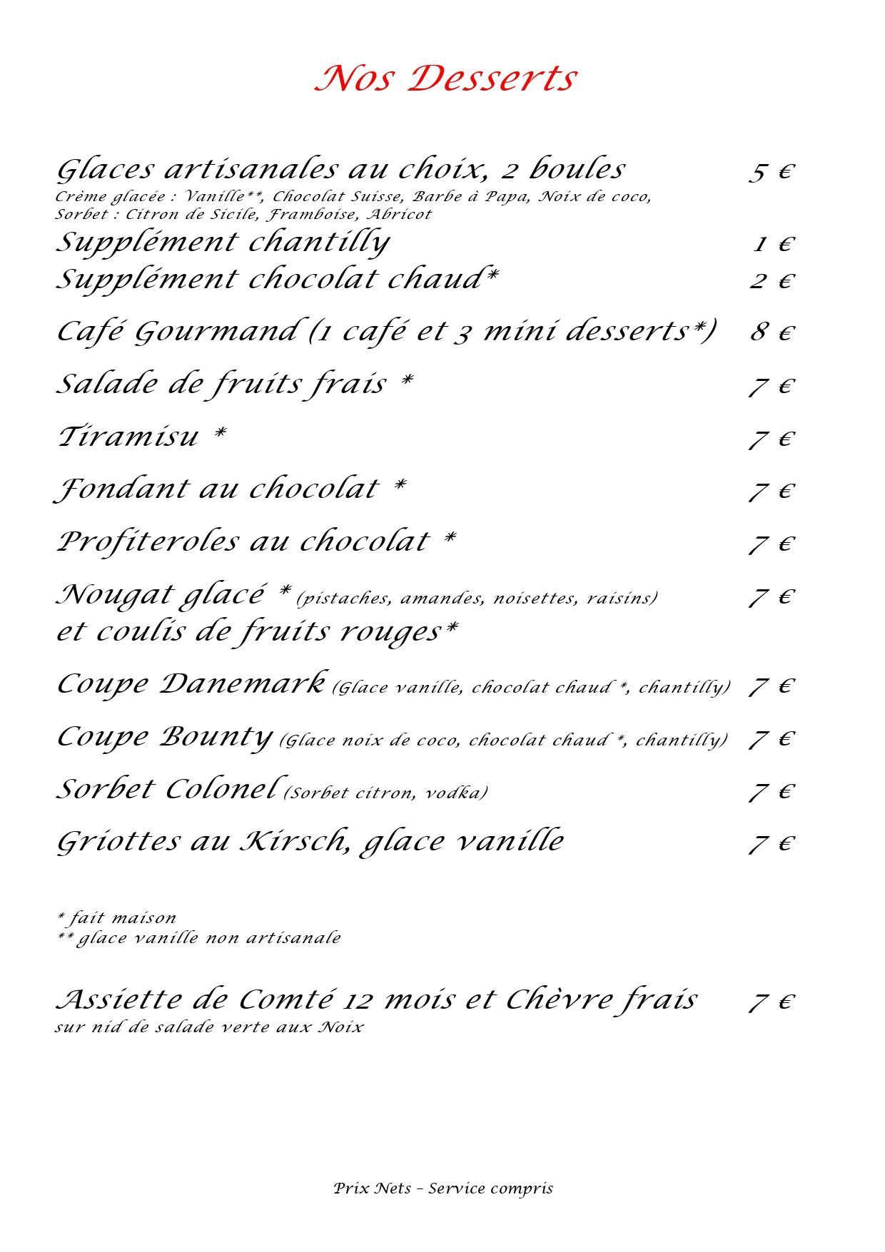 Carte de restaurant - desserts