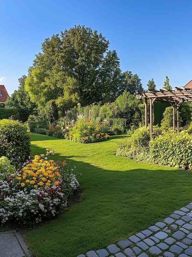 In der Mitte des Gartens befindet sich eine Pergola.