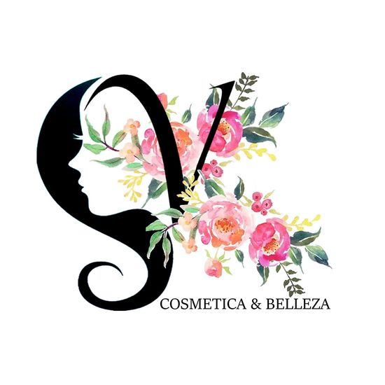 Logotipo con silueta negra de rostro de mujer formando la "S" y una "V" floral, con texto "Cosmetica & Belleza".