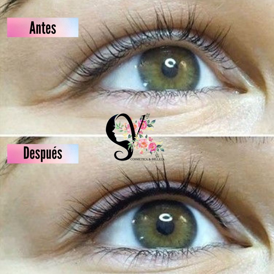 Comparación del ojo de una persona antes y después de la aplicación del delineador. Color de ojos avellana.