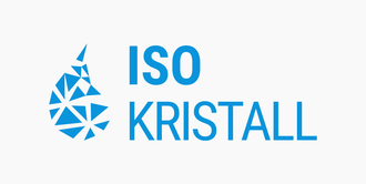 Blaues ISO KRISTALL-Logo mit geometrischem Kristallsymbol und Text auf weißem Hintergrund
