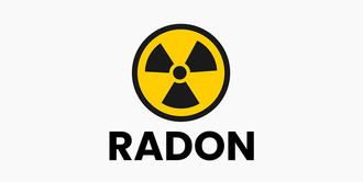 Gelbes Warnsymbol für radioaktive Strahlung über dem Wort „RADON“ auf weißem Hintergrund