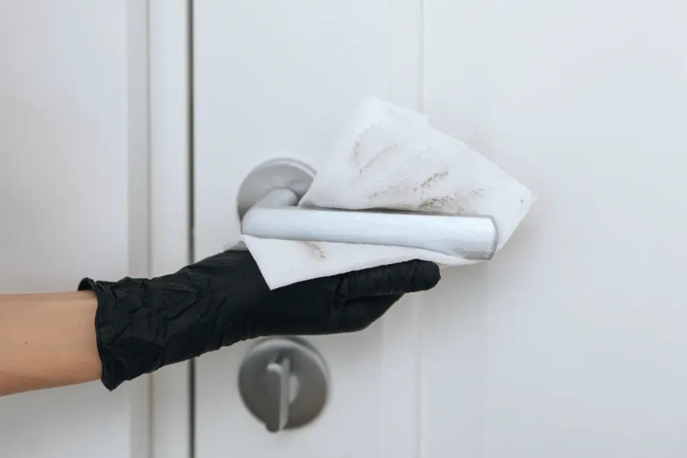 Mano enguantada limpiando la manija de una puerta con un paño sucio; puerta blanca, manija de metal.