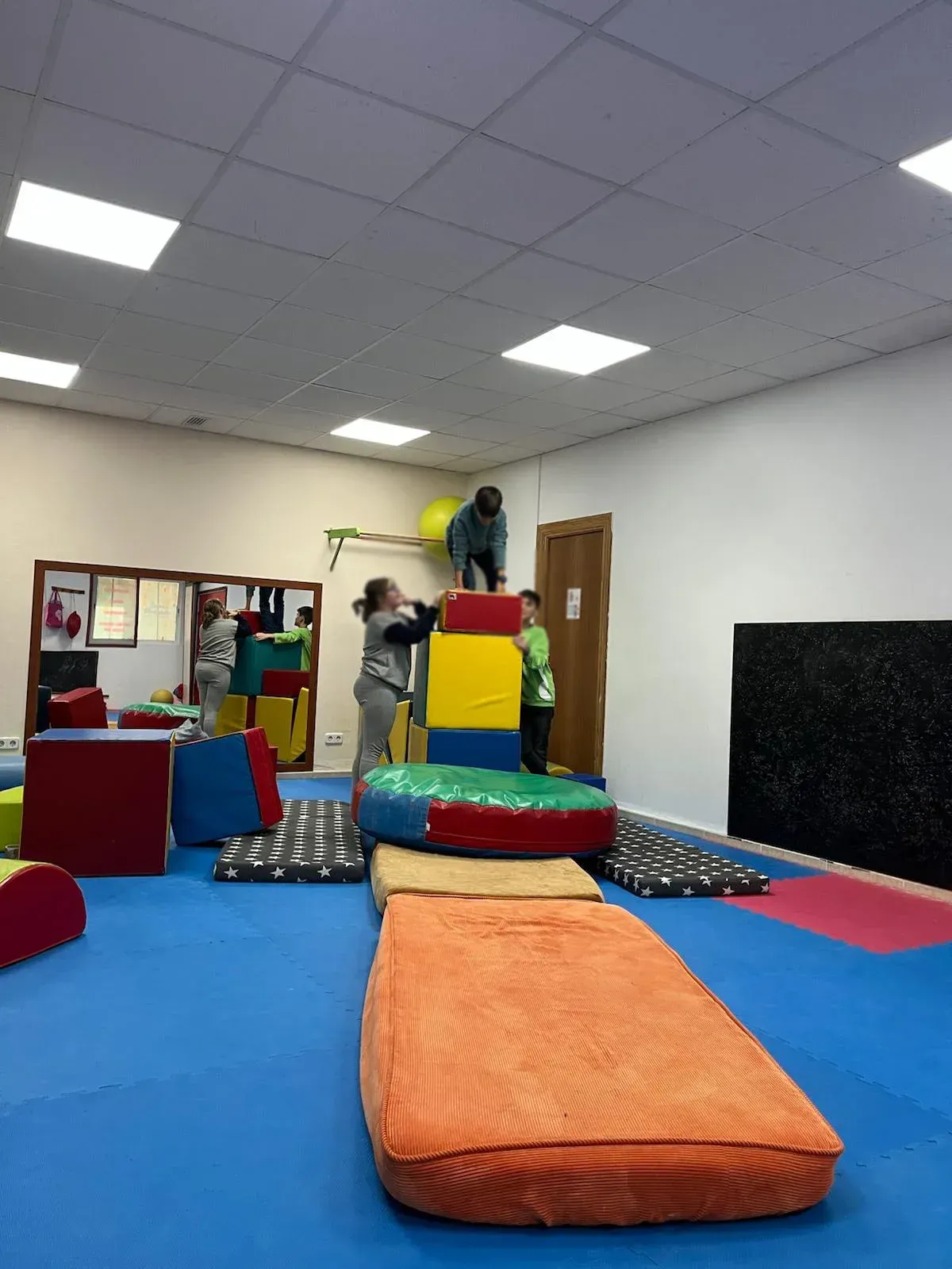 Un grupo de niños está jugando en un gimnasio.