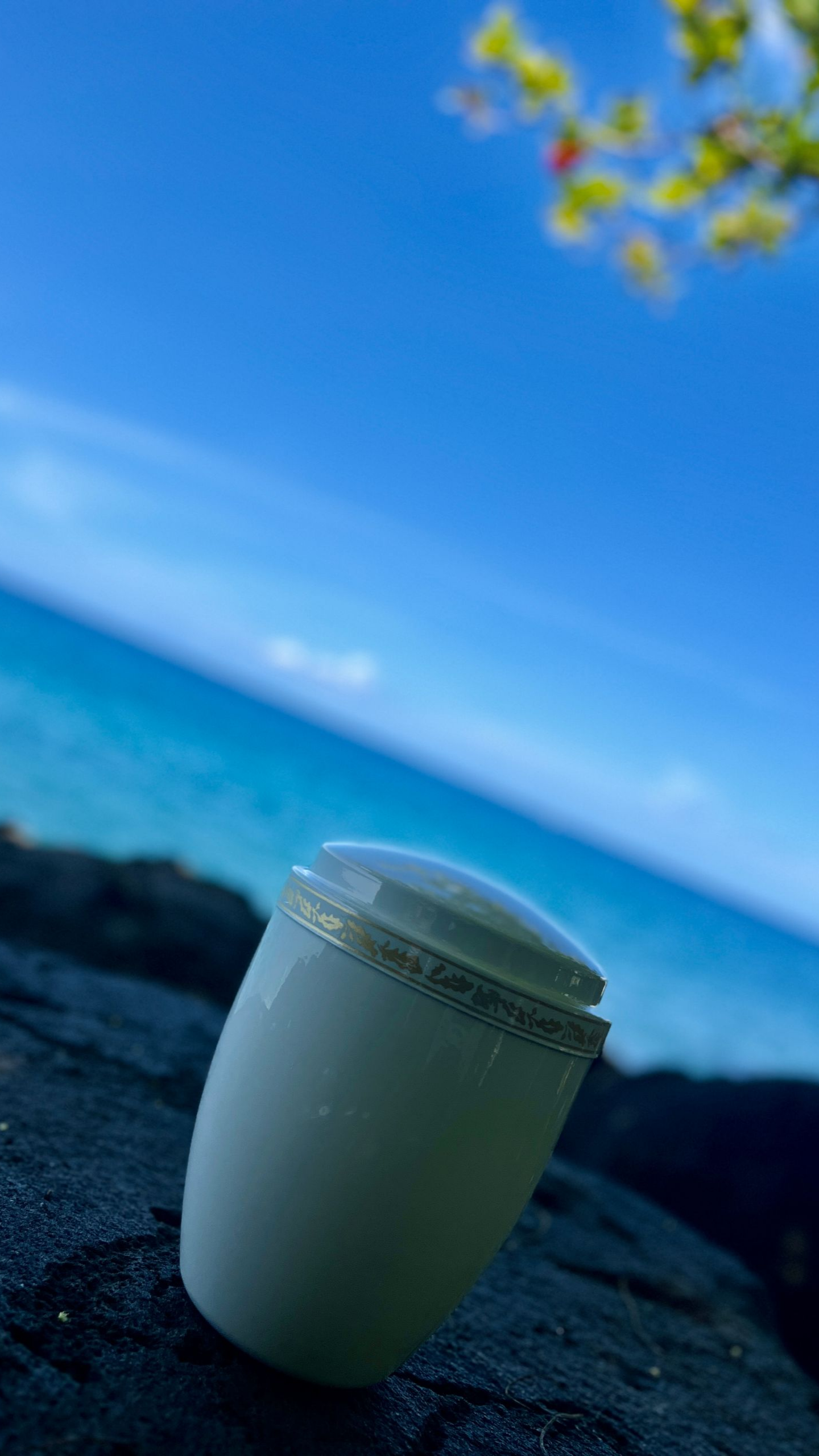 Urne blanche aux bordures dorées, océan et ciel bleu en arrière-plan, posée sur un rocher sombre.