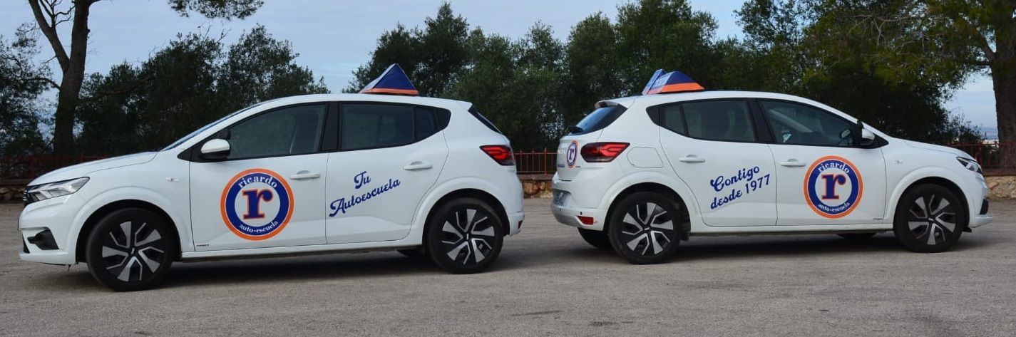 Dos coches de escuela de conducción de color blanco, con carteles azules y blancos en el techo, estacionados afuera.