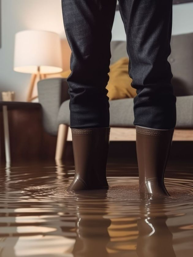 Une personne avec des bottes, les pieds dans l'eau