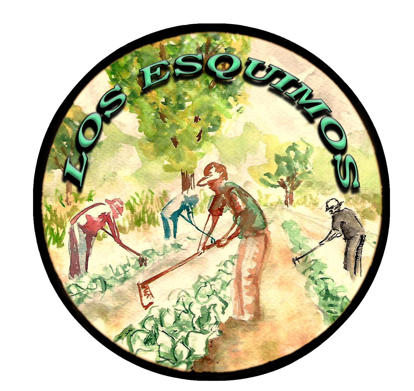 Un logotipo de Los Esquimos muestra a personas trabajando en un jardín.