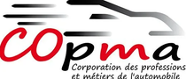 Logo pour Copma, organisation professionnelle de l'automobile, avec silhouette de voiture stylisée et texte.