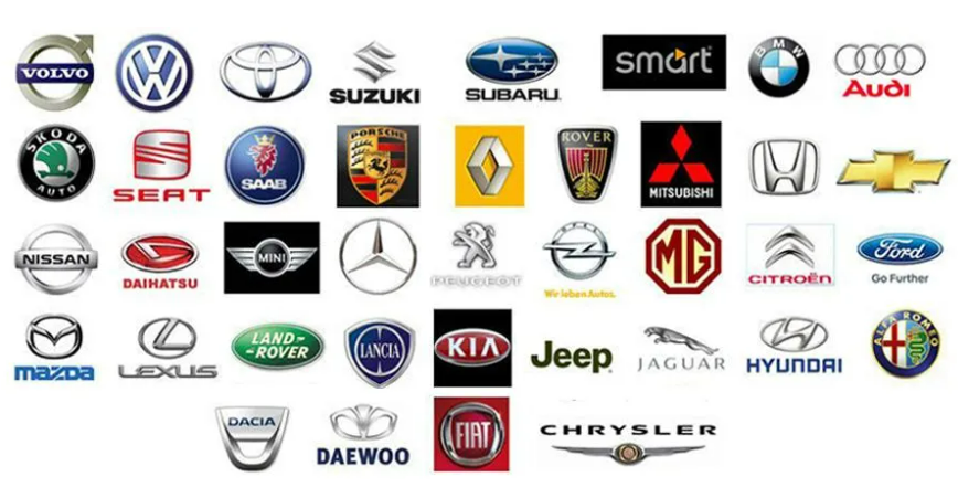 Logos de diverses marques automobiles, notamment VW, Toyota, BMW, Audi, etc.