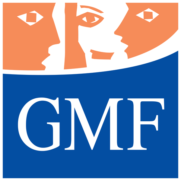 Logo du German Marshall Fund : Visages orange au-dessus d'un carré bleu avec le texte GMF blanc.