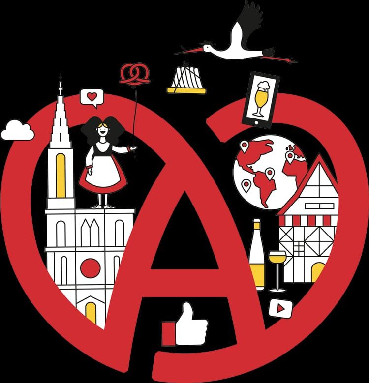 Logo en forme de cœur rouge avec des illustrations blanche et jaune d'éléments allemands, notamment une cigogne, un bretzel et une ville.