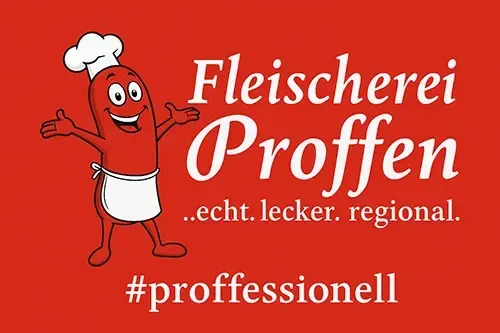 Rotes Logo mit lächelndem Wurstkoch und dem Text „Fleischerei Proffen – echt. lecker. regional. #proffessionell“
