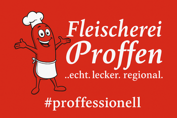 Red butcher logo on red background with smiling sausage mascot and text “Fleischerei Proffen .echt. lecker. regional. #professionell”