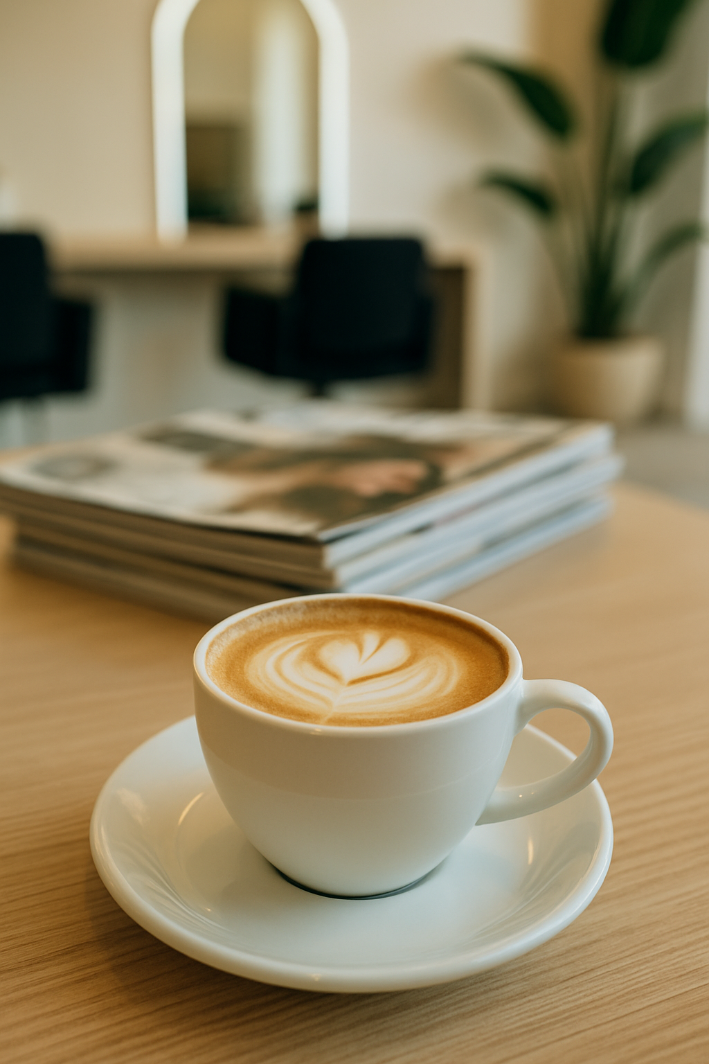 Eine Tasse Cappuccino steht auf einer Untertasse auf einem Holztisch.