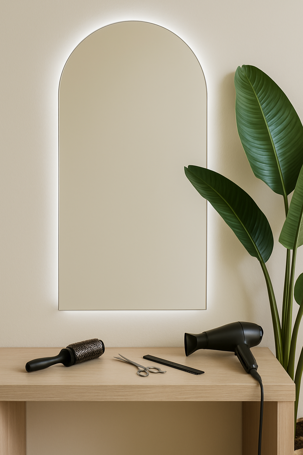 Ein Tisch mit einem Spiegel, einem Föhn, einer Schere und einer Bürste darauf.