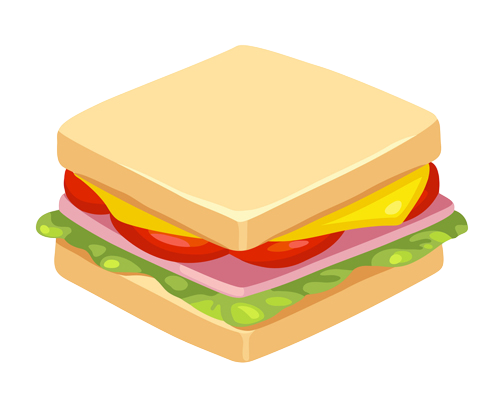 Un sándwich con jamón, queso, tomate y lechuga sobre un fondo blanco.