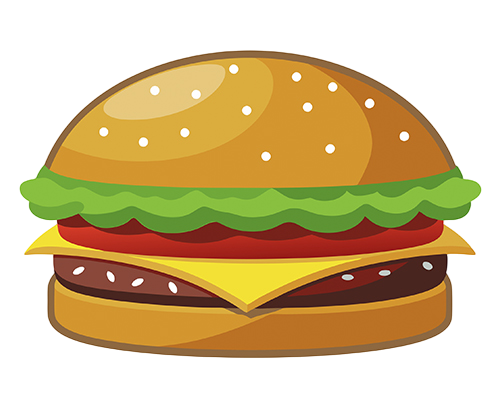 Una ilustración de dibujos animados de una hamburguesa con queso, lechuga, tomate y cebolla.
