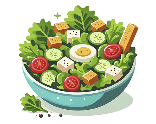 Un tazón de ensalada con huevos, tomates, pepinos y galletas.