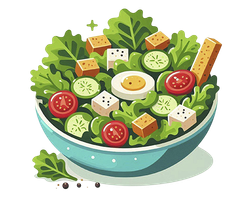 Un tazón de ensalada con huevos, tomates, pepinos y galletas.