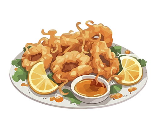 Un plato de calamares fritos con rodajas de limón y salsa para mojar.