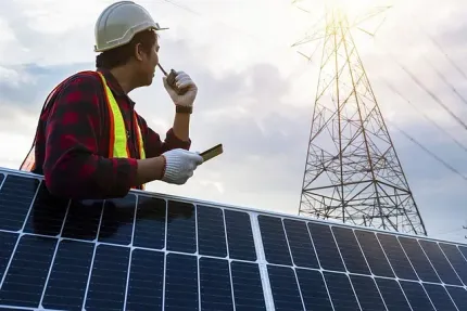Un hombre está parado encima de un panel solar.