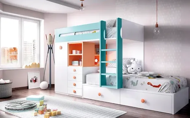 Una litera blanca y turquesa con estantes, cajones y espacio de almacenamiento debajo de la cama de color naranja 