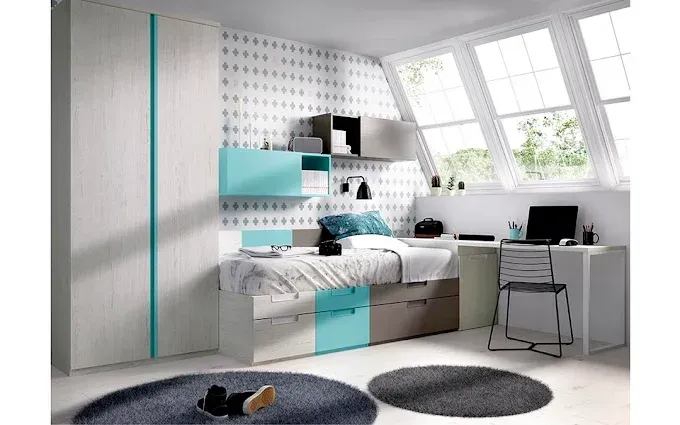 Dormitorio moderno con armario blanco, cama con cajones azules y de madera