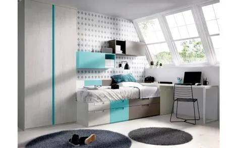 Dormitorio moderno con armario blanco, cama con cajones azules y de madera