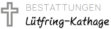 Ein schwarz-weißes Logo mit einem Kreuz und den Worten „Bestattungen“