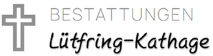 Ein schwarz-weißes Logo mit einem Kreuz und den Worten „Bestattungen“