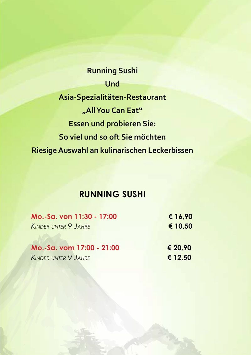 Speisekarte des Restaurants „Running Sushi“ mit „All You Can Eat“. Preisoptionen und Öffnungszeiten sind auf Deutsch aufgeführt.