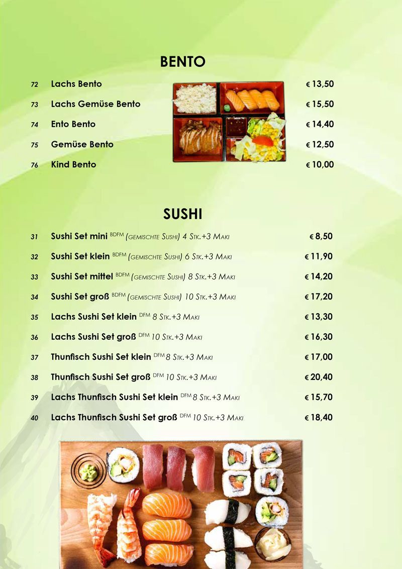 Speisekarte mit Bento-Boxen und Sushi mit den angegebenen Preisen.
