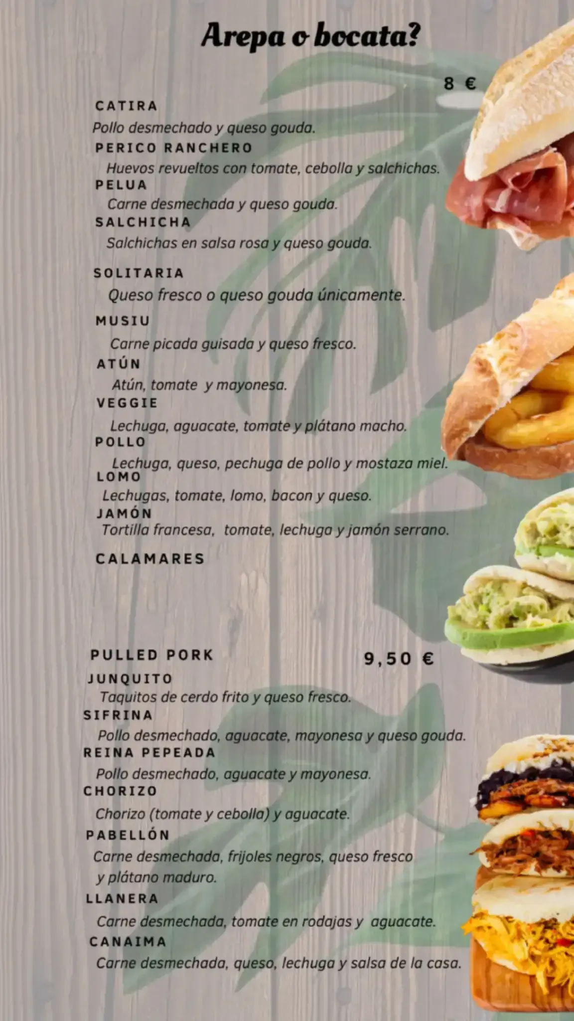 Menú con arepas y bocatas, con imágenes y precios.