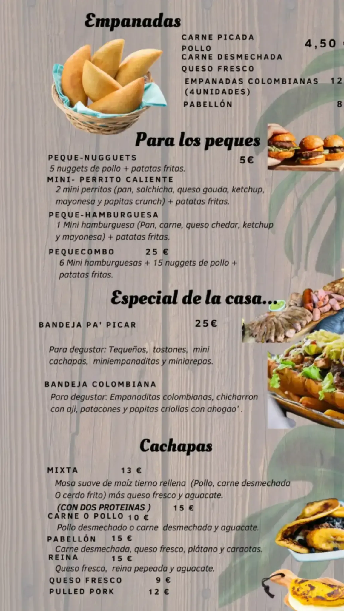 Menú con empanadas, menú infantil, platos de la casa y cachapas, con fotos de la comida.