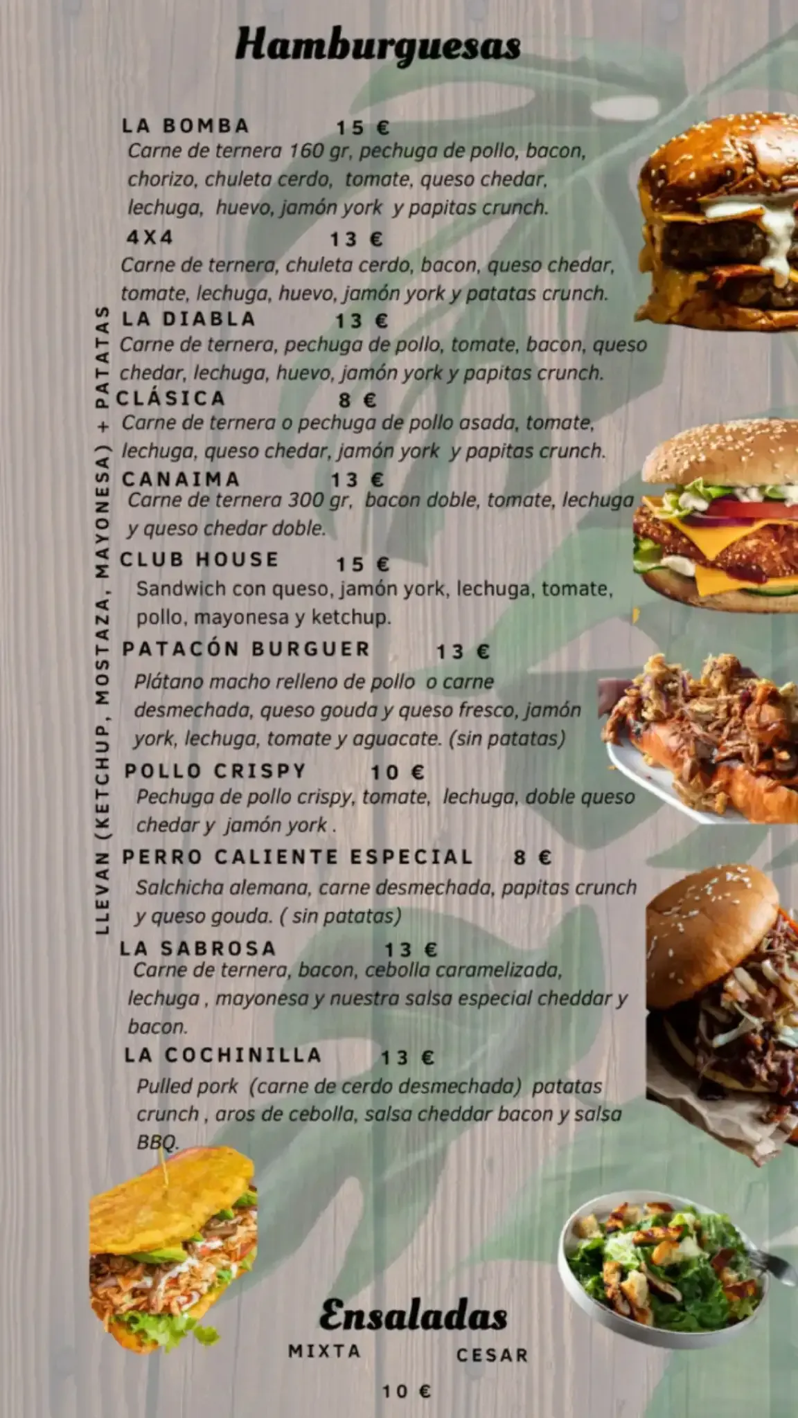 Tablero de menú con opciones de hamburguesas y ensaladas, precios y fotos de la comida.