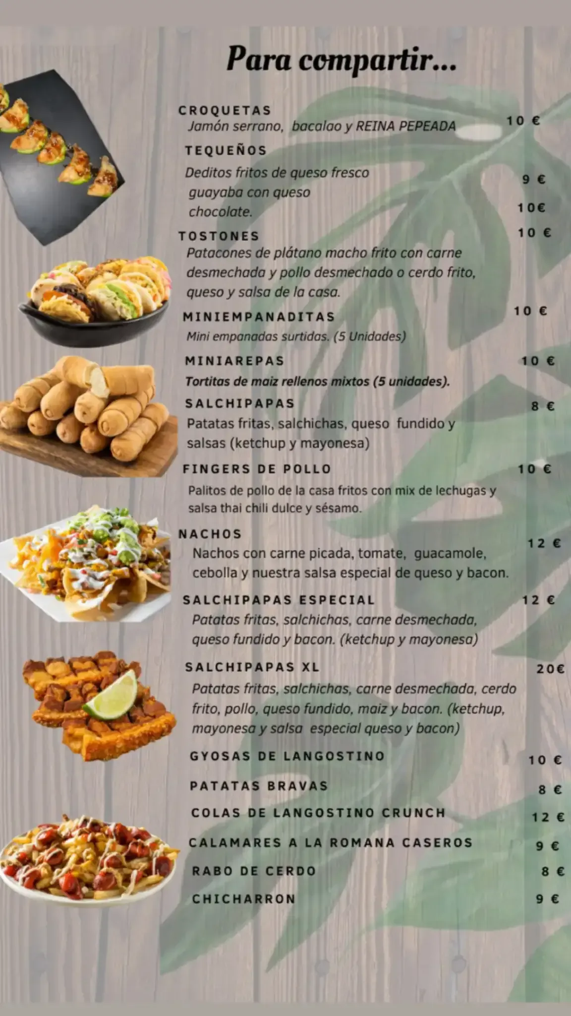 Menú con diversos platos y precios.