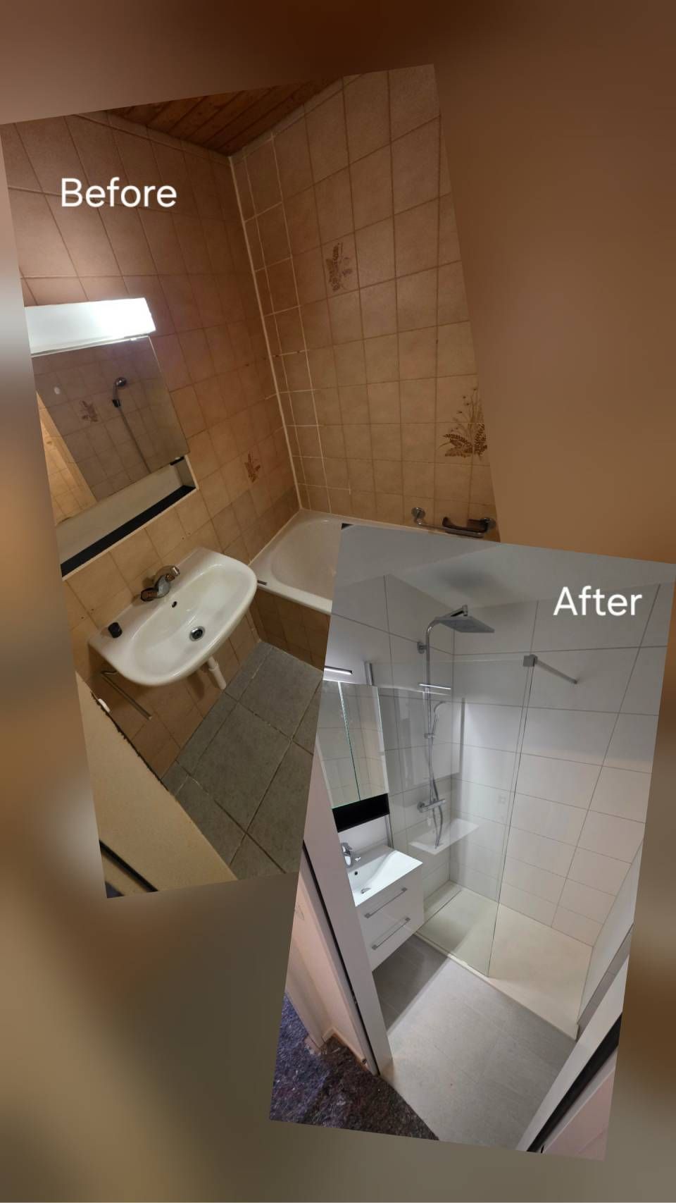 Vorher-Nachher-Vergleich einer Badezimmersanierung, der den Übergang von einer beigefarbenen Badewanne zu einer modernen, weissen, begehbaren Dusche zeigt.