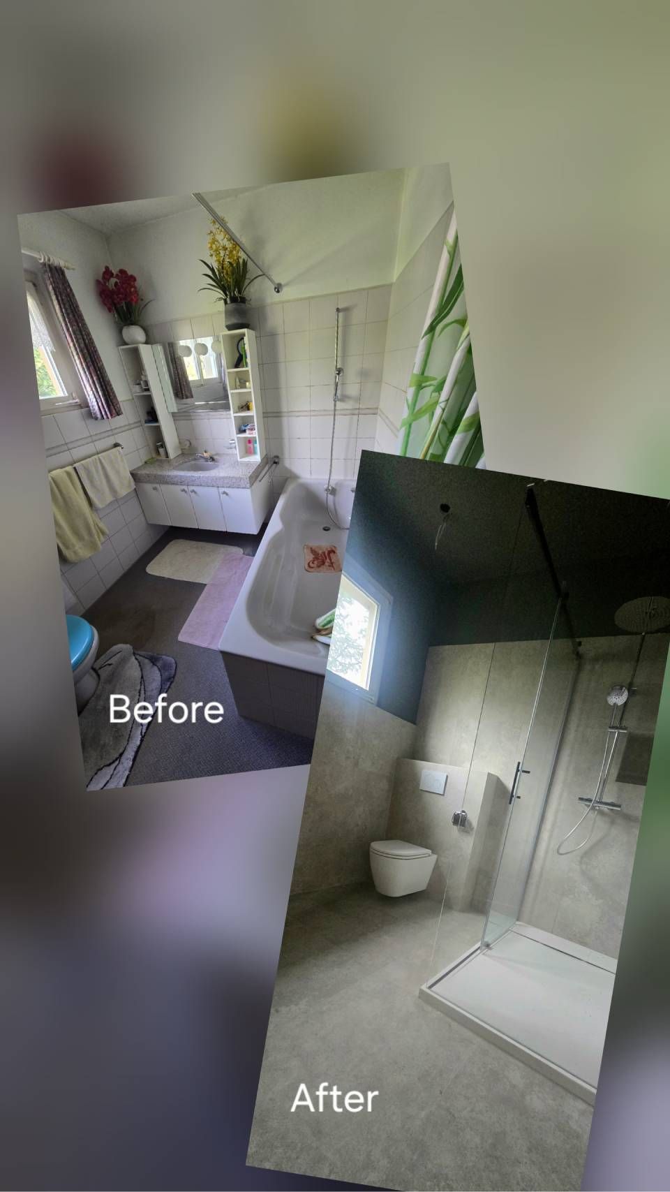 Ein Vergleich im Splitscreen zeigt eine Badezimmersanierung, bei der von einer Badewannenkonfiguration zu einer modernen, begehbaren Dusche gewechselt wird.