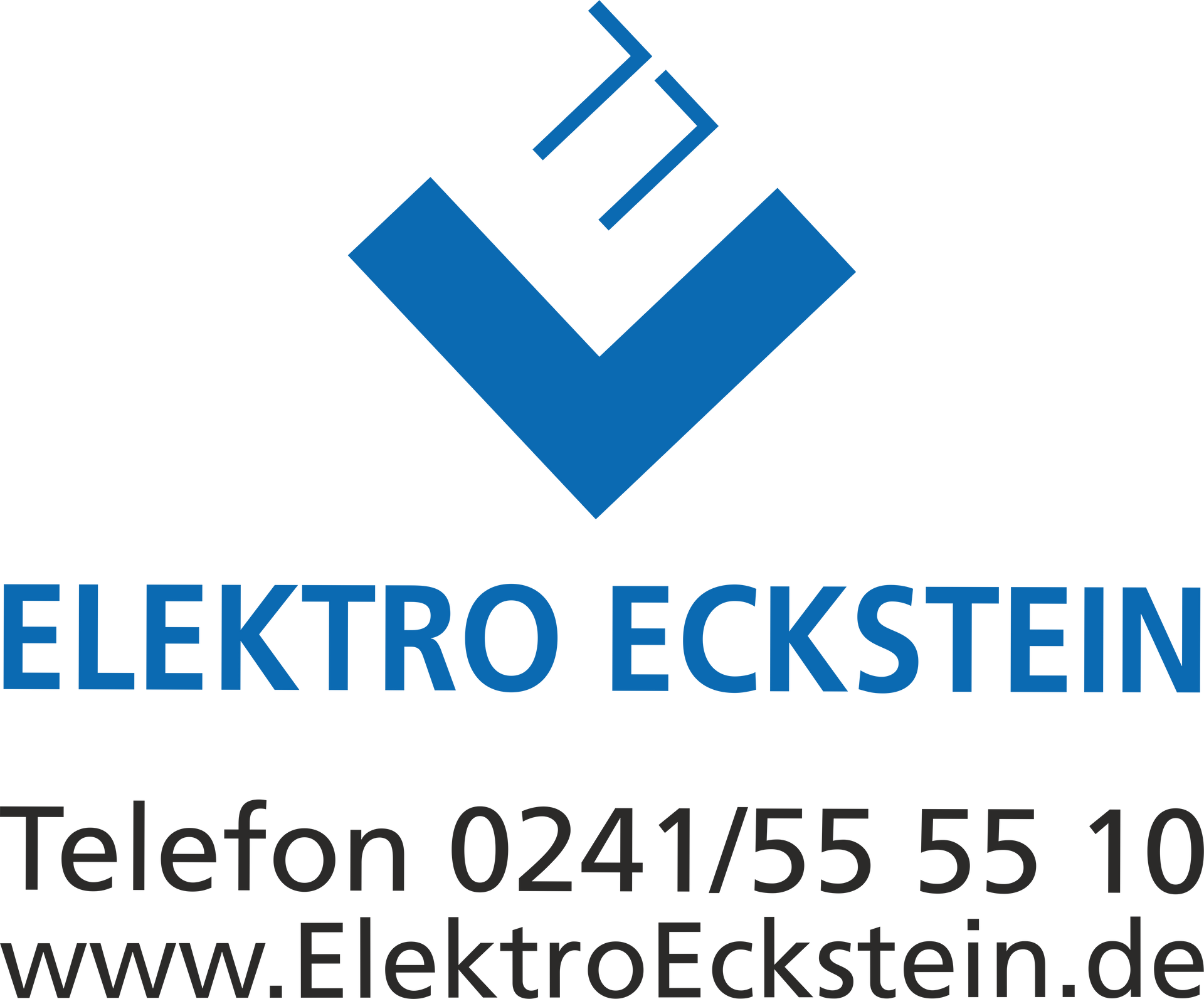 Blaues Logo für Elektro Eckstein mit Telefonnummer und Website. Blaues V-förmiges Logo, darüber Linien.