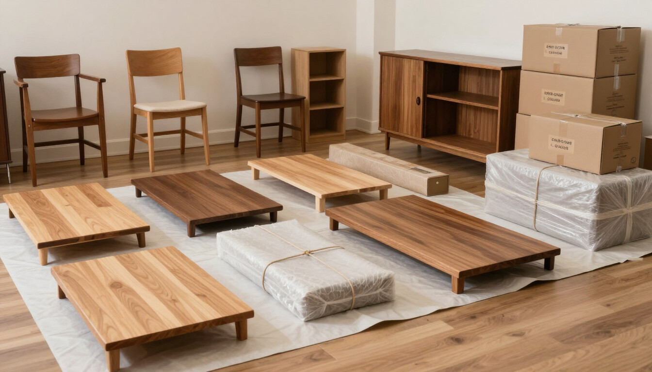 Sala de estar con varias sillas de madera, mesas bajas, cajas apiladas y ropa de cama doblada en el suelo.