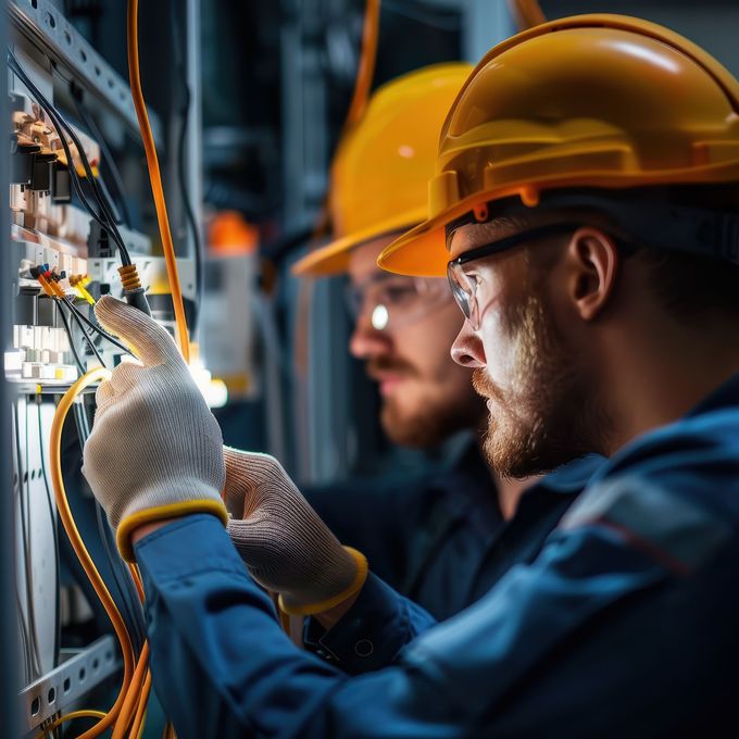Deux électriciens portant des casques de sécurité inspectent le câblage électrique dans une salle de serveurs.