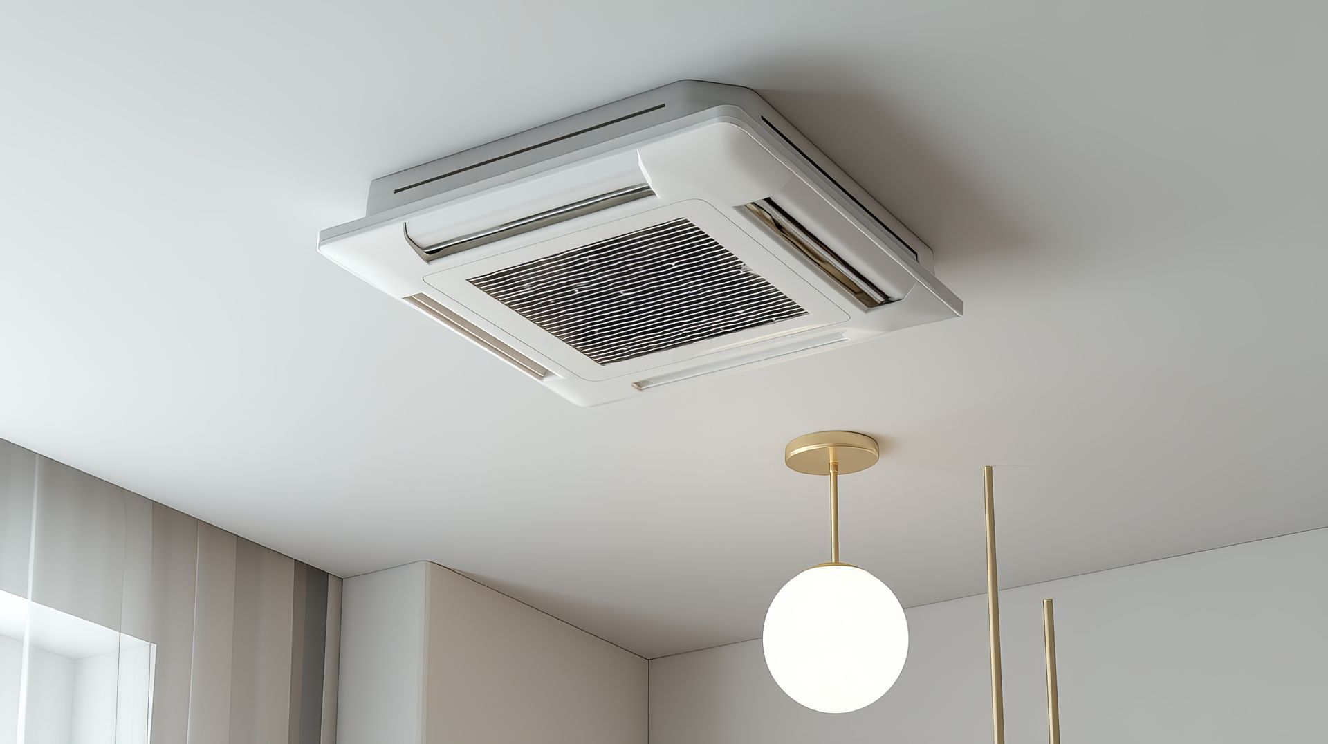 Climatiseur plafonnier à ventilation centrale. Blanc, de forme carrée, installé dans une pièce moderne avec un luminaire suspendu.